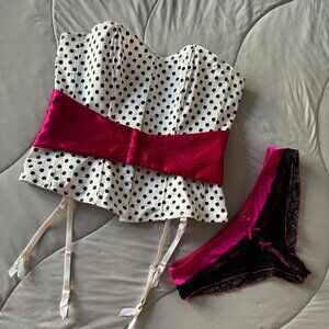 Black Polka Dot Corset Magenta Sash Lace-Up Back Garter Strap